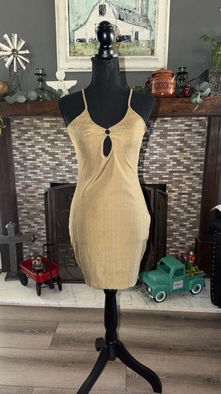 Heart & Hips Mini Dress Size M Gold Spaghetti Strap Keyhole